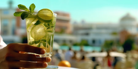Mojito drink with blur summer outside restaurant background. AI Generative.の写真素材