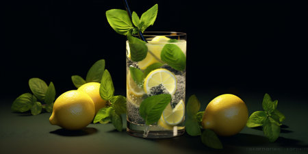 Mojito drink in black background. AI Generative.の写真素材