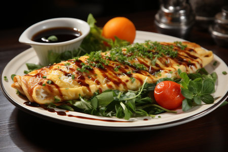 American breakfast big omelette with tomatoes, mushrooms and herbs on white ceramic plate on black stone background. Healthy breakfast. Selective focus. Copy space. AI Generative.の写真素材