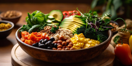 Vegan and gluten - free meal buddha bowl, Colorful assortment of fresh vegetables and grains. AI...