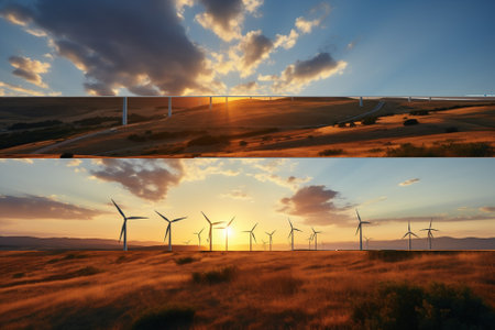 Renewable energy banner background with green energy wind turbines, AI Generative. High quality illustrationの写真素材
