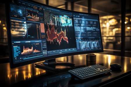 Business stock market, trading, info graphic shown on monitor display screen, office light crystal...