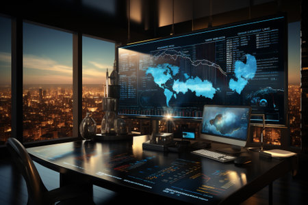 Business stock market, trading, info graphic shown on monitor display screen, office light crystal...