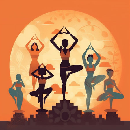 Silhouette of yoga girls. Contemporary art collage of young girl meditating, doing yoga. Concept of art, creativity, healthy lifestyle. International day of yoga. AI Generated .の写真素材