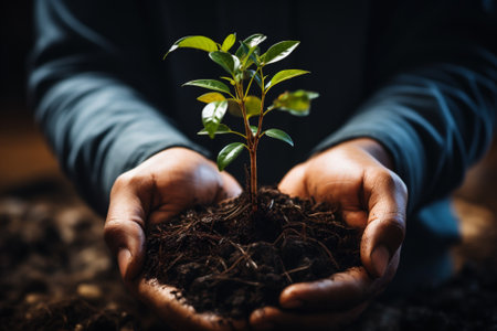 Businessman hold young seedling in his hands for eco forest regeneration. Eco Corporate policy for environmental awareness and sustainable future. Generative AI.の写真素材