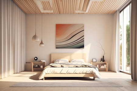 Living room, white room, nobody, light brown sofa. AI Generative.の写真素材