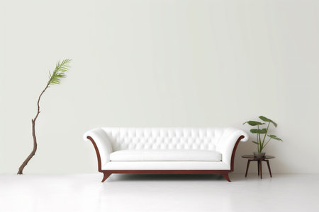 Living room, white room, nobody, light brown sofa. AI Generative.の写真素材