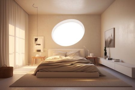 White large modern bedroom room, ocean view background, Italian round furniture, luxury architecture, round window. AI Generative.の写真素材