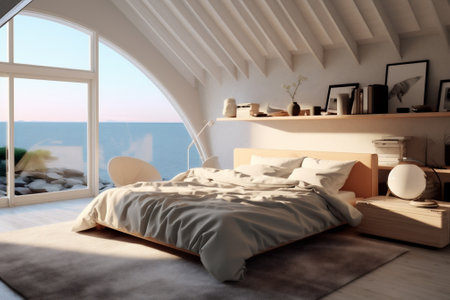 White large modern bedroom room, ocean view background, Italian round furniture, luxury architecture, round window. AI Generative.の写真素材
