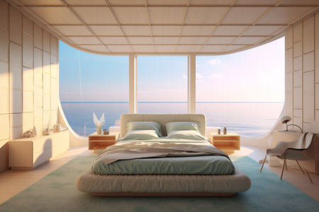 White large modern bedroom room, ocean view background, Italian round furniture, luxury architecture, round window. AI Generative.