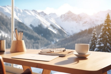 Distant work desk of free space cover of snow and landscape of mountains. Aesthetic photo, macro close up, bright tone, natural lighting, photo realistic. AI Generative.の写真素材