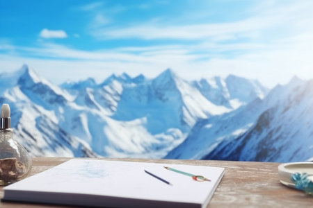Distant work desk of free space cover of snow and landscape of mountains. Aesthetic photo, macro...