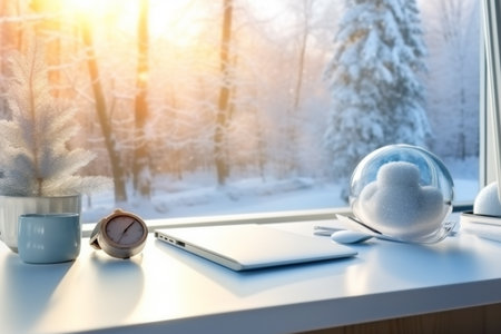 Distant work desk of free space cover of snow and landscape of mountains. Aesthetic photo, macro close up, bright tone, natural lighting, photo realistic. AI Generative.の写真素材