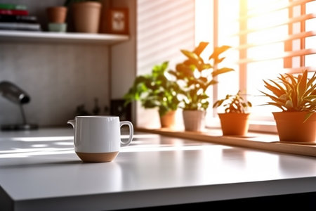 Desk of free space and kitchen interior, wooden table, kitchen window and shelves. Aesthetic photo, macro close up, bright tone. AI Generative.の写真素材