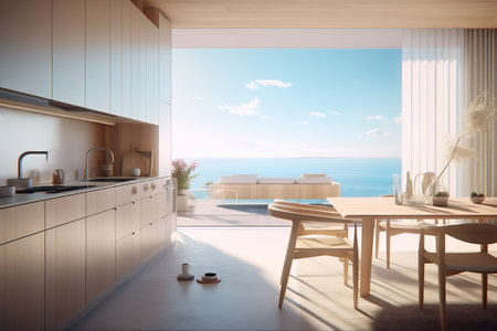 Luxury trendy modern dinning room with sew view, Beach villa with swimming pool. AI Generative.の写真素材