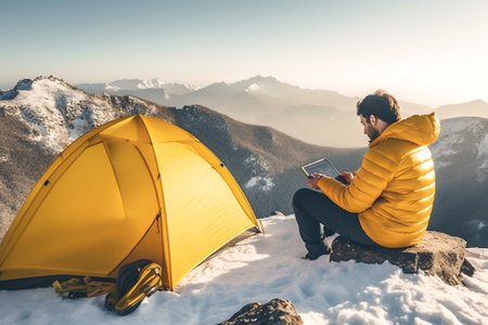 Young professional photographer with computer works in the snowy winter forest. Mountain's camping...