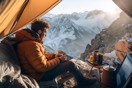 Young professional photographer with computer works in the snowy winter forest. Mountain's camping...