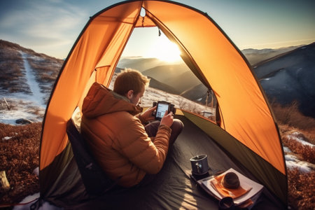 Young professional photographer with computer works in the snowy winter forest. Mountain's camping for work at distance. AI Generative.の写真素材