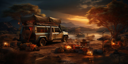 Family holidays road trip, camping traveling, evening time, AI Generativeの写真素材