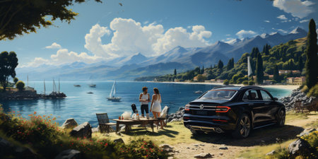 Summer family holidays road trip, traveling in the mediterranean coast. Generative AI.