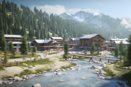 Mountains valley village, beautiful landscape in the french alps, view of mountain's traditional cottages on the snow mountains background. Generative AI.の写真素材