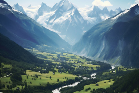 Mountains valley village, beautiful landscape in the french alps, view of mountain's traditional cottages on the snow mountains background. Generative AI.の写真素材