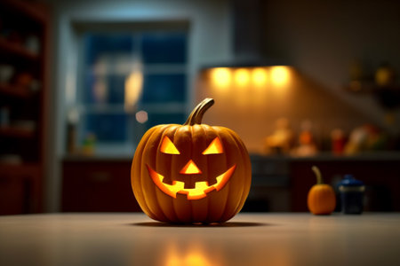 Halloween Orange Pumpkin head with light inside on the kitchen background, AI Generatedの写真素材