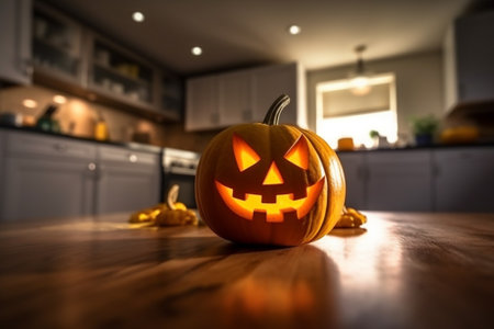 Halloween Orange Pumpkin head with light inside on the kitchen background, AI Generatedの写真素材