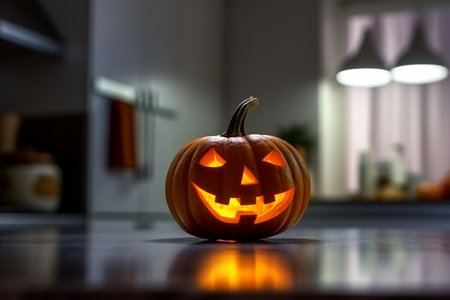 Halloween Orange Pumpkin head with light inside on the kitchen background, AI Generatedの写真素材