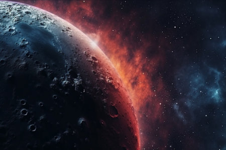 Red blood Moon with craters, close up. Super Big Moon in the sky. AI Generative