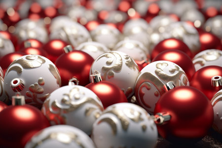 Beautiful christmas decorations for Christmas tree, new year ball red color with flowers. AI Generativeの写真素材