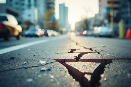 Damaged houses and road after the strong earthquake. AI generated.