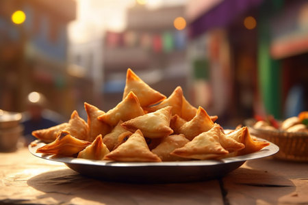 Indian snacks vegetable Samosas a spicy blend of vegetables wrapped in a deep fried triangular pastry parcel, fried Indian food. AI Generative.の写真素材