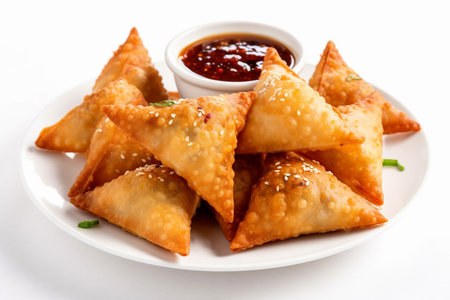 Indian snacks vegetable Samosas a spicy blend of vegetables wrapped in a deep fried triangular pastry parcel, fried Indian food. AI Generative.の写真素材