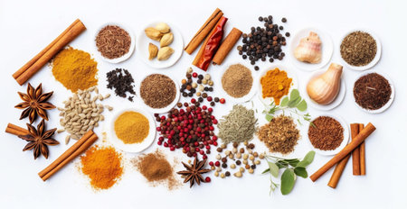 Assortment of natural ayurvedic spices on dark rustic stone background, Healthy spice concept. AI Generativeの写真素材