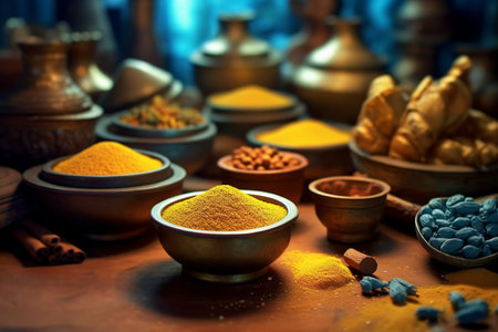 Assortment of natural ayurvedic spices on dark rustic stone background, Healthy spice concept. AI Generativeの写真素材