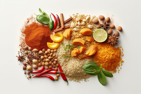 Assortment of natural ayurvedic spices on dark rustic stone background, Healthy spice concept. AI Generativeの写真素材