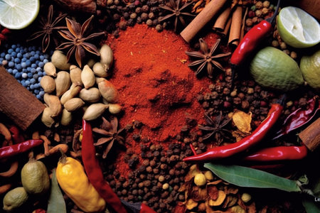 Assortment of natural ayurvedic spices on dark rustic stone background, Healthy spice concept. AI Generativeの写真素材