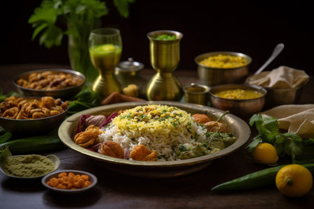Assorted Indian food Curry butter chicken, Paneer, Chiken Tikka, Biryani, Dishes and appetisers of indeed cuisine, rice, lentils, paneer, samosa, spices, masala. Bowls and plates with indian food top view. AI Generativeの写真素材