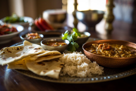 Assorted Indian food Curry butter chicken, Paneer, Chiken Tikka, Biryani, Dishes and appetisers of indeed cuisine, rice, lentils, paneer, samosa, spices, masala. Bowls and plates with indian food top view. AI Generativeの写真素材