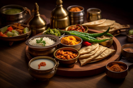 Assorted Indian food Curry butter chicken, Paneer, Chiken Tikka, Biryani, Dishes and appetisers of indeed cuisine, rice, lentils, paneer, samosa, spices, masala. Bowls and plates with indian food top view. AI Generativeの写真素材