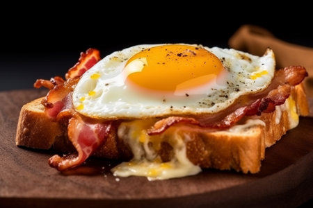 Toast with big slice of cheese, fried bacon and fried egg, photo for the restaurant menu, macro photo, AI Generative.の写真素材