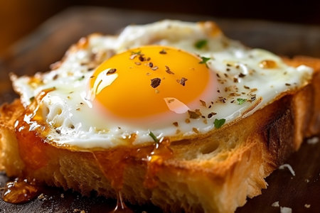 Toast with big slice of cheese, fried bacon and fried egg, photo for the restaurant menu, macro photo, AI Generative.の写真素材