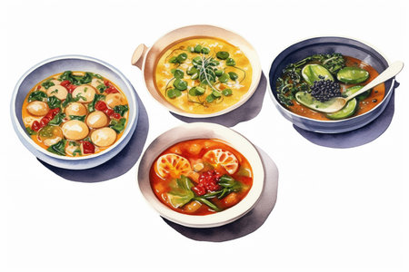 Composition with various soups, ingredients and space for text on white background. Healthy food, high definition soups, slight top view, compilation, white background. AI Generative.の写真素材