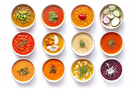 Composition with various soups, ingredients and space for text on white background. Healthy food, high definition soups, slight top view, compilation, white background. AI Generative.の写真素材
