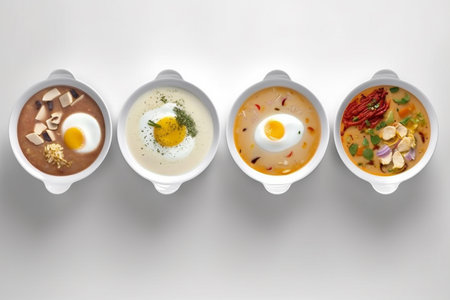 Composition with various soups, ingredients and space for text on white background. Healthy food, high definition soups, slight top view, compilation, white background. AI Generative.の写真素材