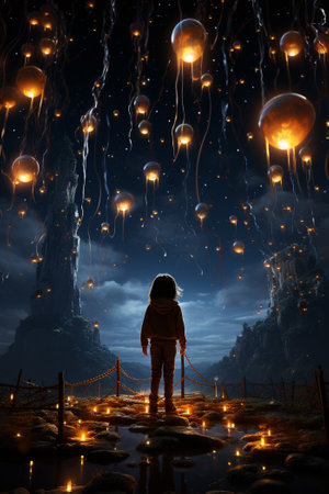 Girl with long hair in pajamas, standing with her back, in the field, on the night and looking to...
