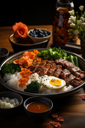 Big plate with eggs, vegetables, meet, healthy breakfast. AI Generative.の写真素材
