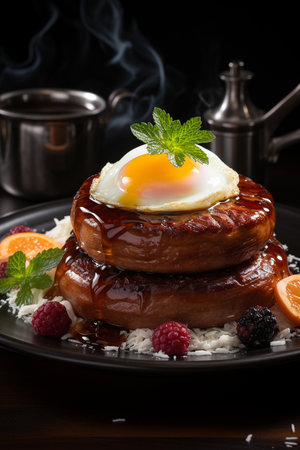 Big plate with french toast with bacon and eggs. AI Generative.の写真素材