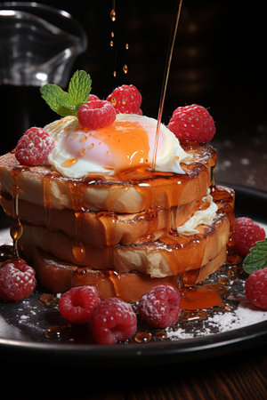 Big plate with french toast with bacon and eggs. AI Generative.の写真素材